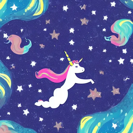 Image similar to a unicorn with a mermaid tail floating in space