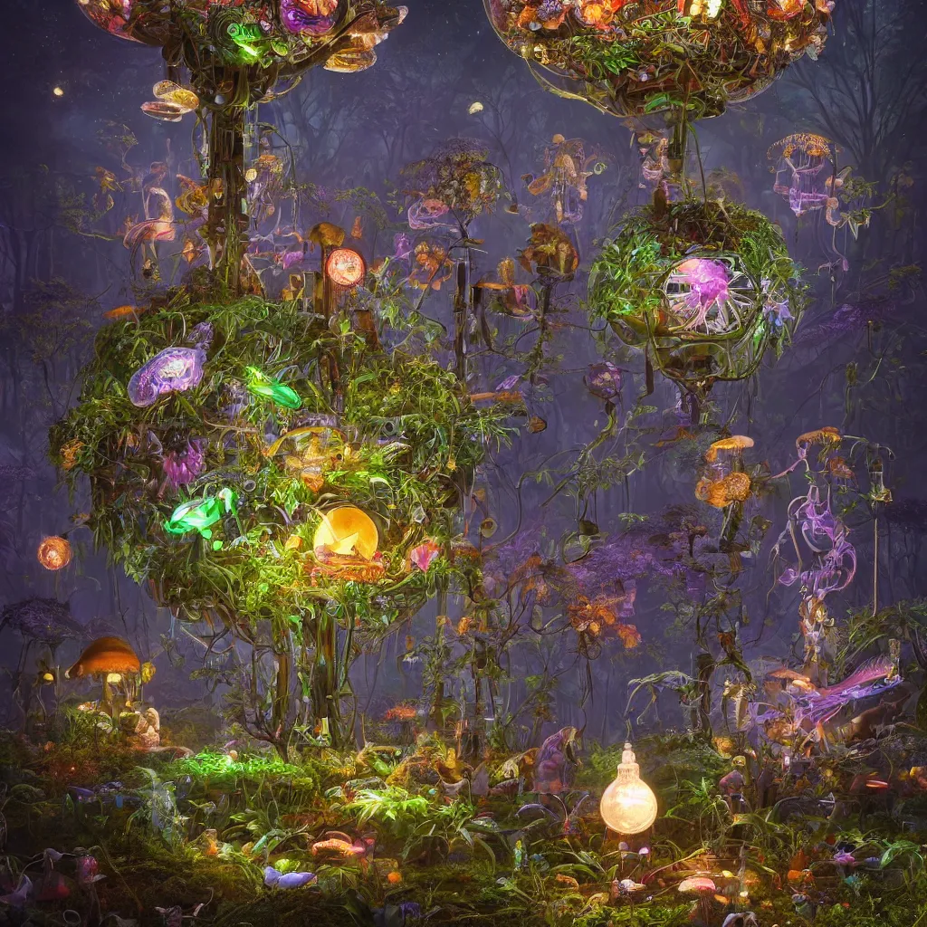 Image similar to victorian robots and bioluminous mushrooms growing in a spheroid forest, 3d render, nightlight Study, by Jan Davidsz de Heem and Lisa Frank, Art Nouveau, 8k, extreme detail, sharp focus, cinema 4d render