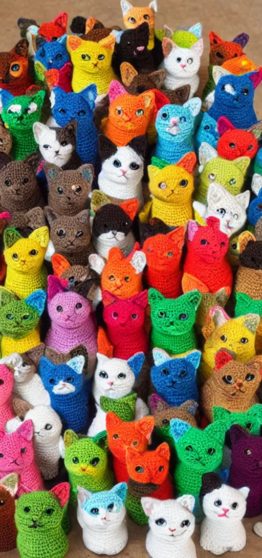 Prompt: multicolored crocheted cats, 2 0 2 0 s catalogue photo,