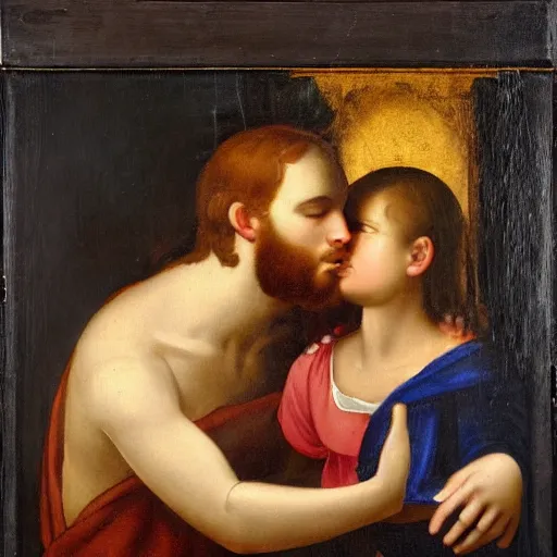 Image similar to an oil panting of a jesus kissing maria maddalena