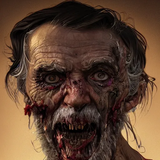 Image similar to elderly zombie man tearing off his face, intricate, art by artgerm and greg rutkowski and alphonse mucha and william - adolphe bouguereau, high detailed, 4 k,