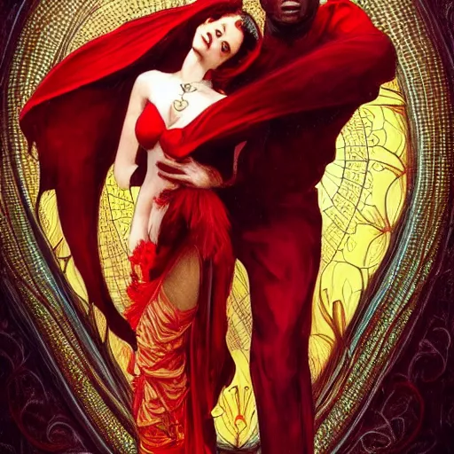 Image similar to a photograpic portrait of a black man dancing with a female devil wearing red clothes, fantasy, intricate, elegant, highly detailed, digital painting, artstation, concept art, smooth, sharp focus, illustration, art by artgerm and H R Giger and alphonse mucha