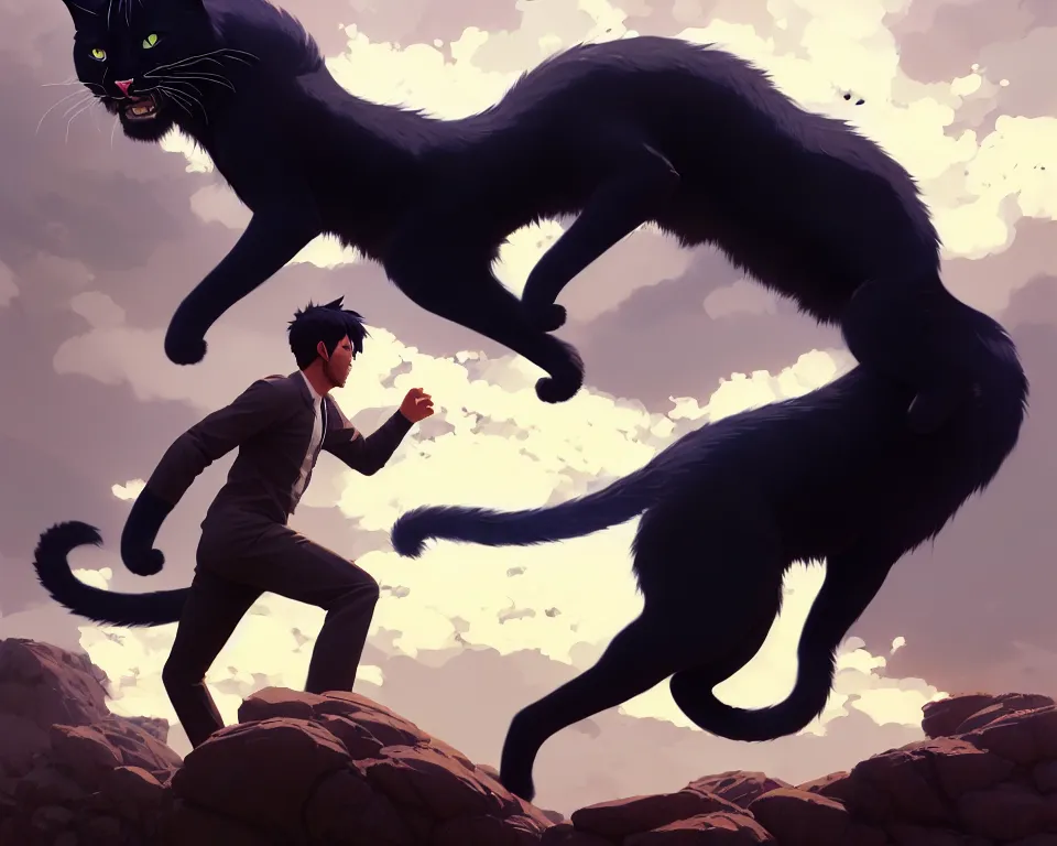 Image similar to a ultradetailed beautiful panting of a man chased by a giant cat, a very scary photo, by ilya kuvshinov, greg rutkowski and makoto shinkai, trending on artstation