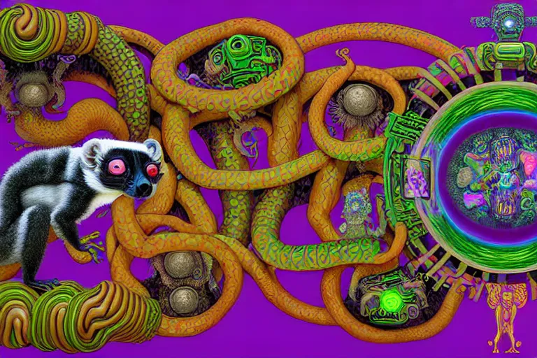 Prompt: a detailed digital art painting of a cell shaded cyberpunk ornate magick oni aztec ferret with occult futuristic effigy of a beautiful field of mushrooms that is a adorable lemur atomic latent snakes in between lizard biomorphic molecular psychedelic hallucinations in the style of escher, alex grey, stephen gammell inspired by realism, symbolism, magical realism and dark fantasy, crisp