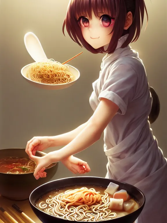 Image similar to full body picture of a rabbit ear girl making a ramen, bored, beautiful and aesthetic, intricate, unreal engine, neat hair, highly detailed, detailed face, smooth, sharp focus, chiaroscuro, manga illustration, artgerm, greg rutkowski, ilya kuvshinov, rossdraws, alphonse mucha, young adult light novel cover art