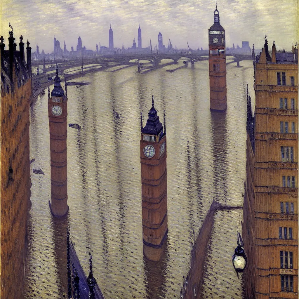 Image similar to gustave caillebotte painting of london in sunny rainy day, big ben