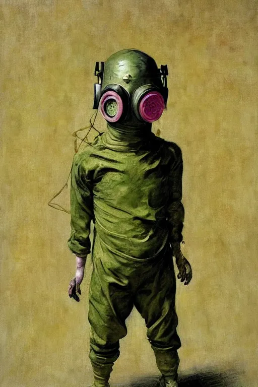 Prompt: full body child in a gas mask, world war ii, detailed photorealistic, cinematic, dystopian, eerie, horror, gothic, macabre draped in gold, green and pink, painting by, Jenny Saville Esao Andrews, Francis Bacon, Edward Hopper, surrealism, art by Takato Yamamoto and James Jean