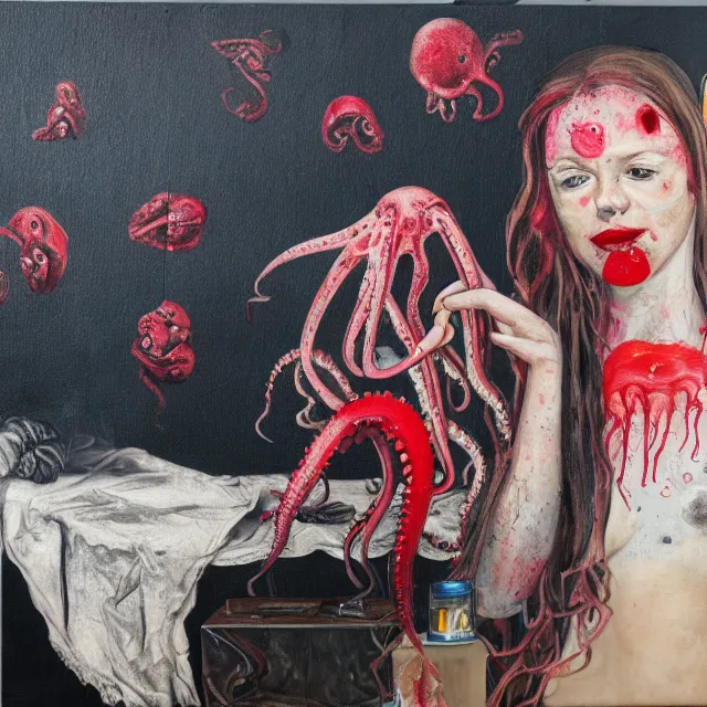 Image similar to empty room with black walls, a portrait of a female pathologist holding an octopus, wilted flowers, pomegranate, berry juice dripping, neo - expressionism, surrealism, acrylic and spray paint and oilstick on canvas