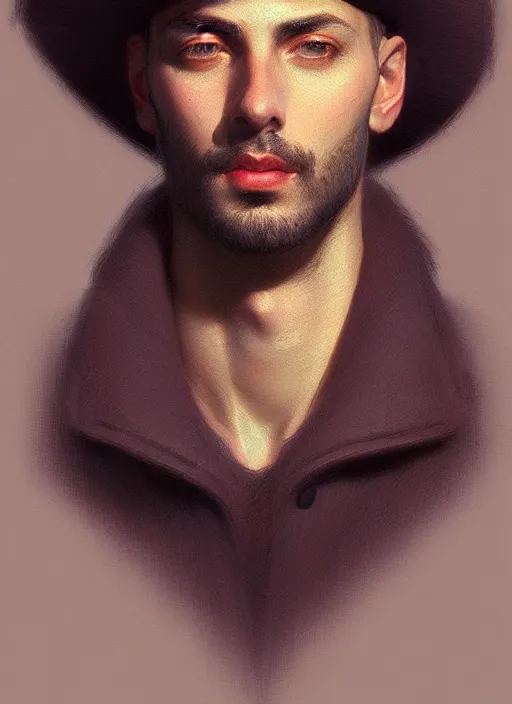 Prompt: portrait of a male italian artist wearing a beret, intricate, elegant, glowing lights, highly detailed, digital painting, artstation, concept art, smooth, sharp focus, illustration, art by wlop, mars ravelo and greg rutkowski