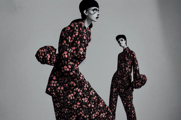 Image similar to fashion editorial photography in a world with brutalist architecture overgrown with flowers