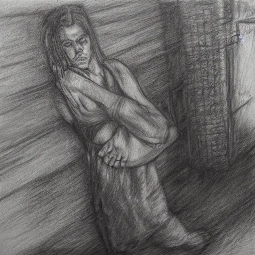 Prompt: trauma of the derelict | charcoal drawing