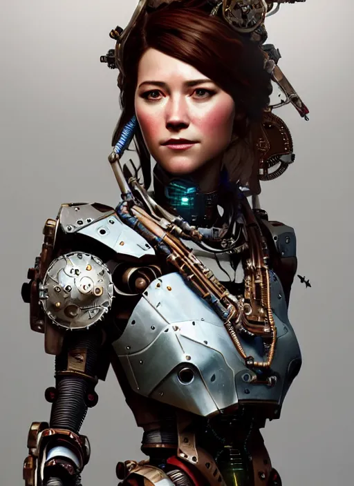 Prompt: portrait of mary elizabeth winstead, robot steampunk, floral! horizon zero dawn machine, intricate, elegant, highly detailed, ray tracing, digital painting, artstation, concept art, smooth, sharp focus, illustration, art by artgerm and greg rutkowski and alphonse mucha, 8 k