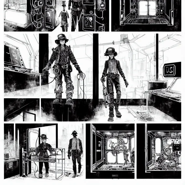 Prompt: sadie sink as a miner inside a minimalist steampunk automated kiosk with options to choose from. black and white, pencil and ink. scifi cyberpunk. by gabriel hardman, joe alves, chris bonura. cinematic atmosphere, detailed and intricate, perfect anatomy