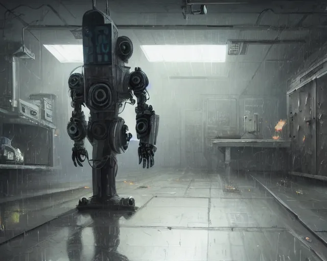 Image similar to gloomy ruined server room in datacenter robot figure automata headless robot knight colossus welder posing pacing fixing soldering mono sharp focus, emitting diodes, smoke, artillery, sparks, racks, system unit, motherboard, by pascal blanche rutkowski repin artstation hyperrealism painting concept art of detailed character design matte painting, 4 k resolution blade runner