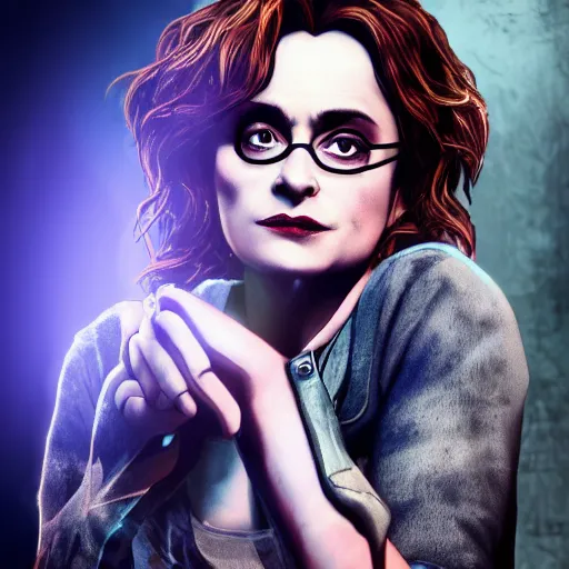 Image similar to helena bonham carter portrait, borderlands, tales from the borderlands, the wolf among us, comic, cinematic lighting, studio quality, 8 k