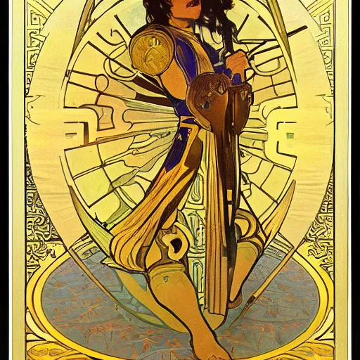 Image similar to woman in golden plate armour, fighting stance, painted by alphonse mucha