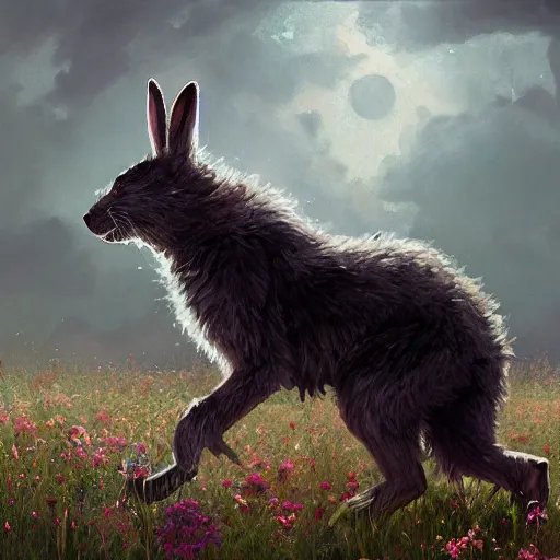 Image similar to A werewolf bunny transforming in a field of flowers. Academic painting by Greg Rutkowski, Mobile still frame. 4K UHD