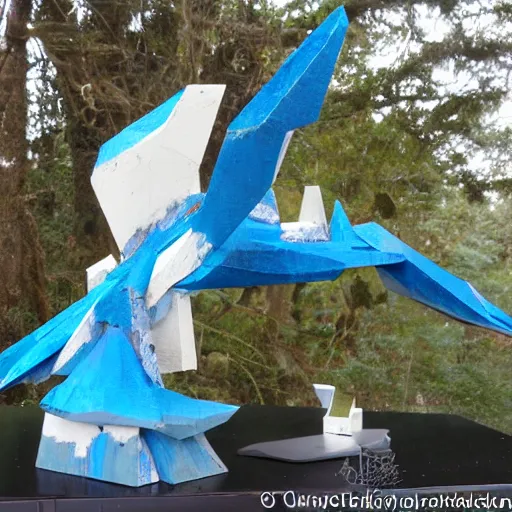 Image similar to abstract, sculpture articuno made of various materials from rainforest of face of artificial intellicgence