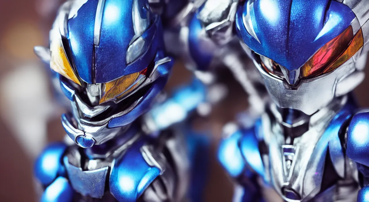 Image similar to medium close up view, Megamen,Guyver,colourful,bokeh,blur,cinematic lighting