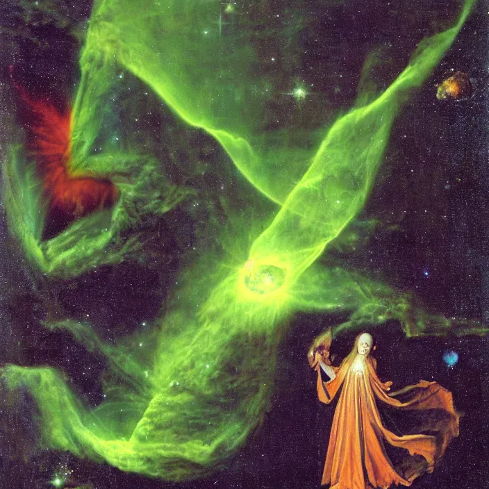 Prompt: a closeup portrait of a cloaked woman floating next to a green - horned goblin monster nebula, green - horned goblin monster nebula, by jan van eyck