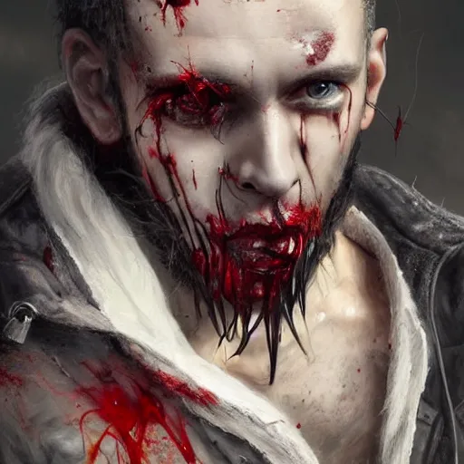 Prompt: portrait painting of a sneering biker with pale skin and spiky hair and a patchy beard and blood stains on his mouth, sharp focus, ultra realistic, concept art, intricate details, eerie, highly detailed, photorealistic, octane render, 8 k, unreal engine. art by artgerm and charlie bowater and greg rutkowski