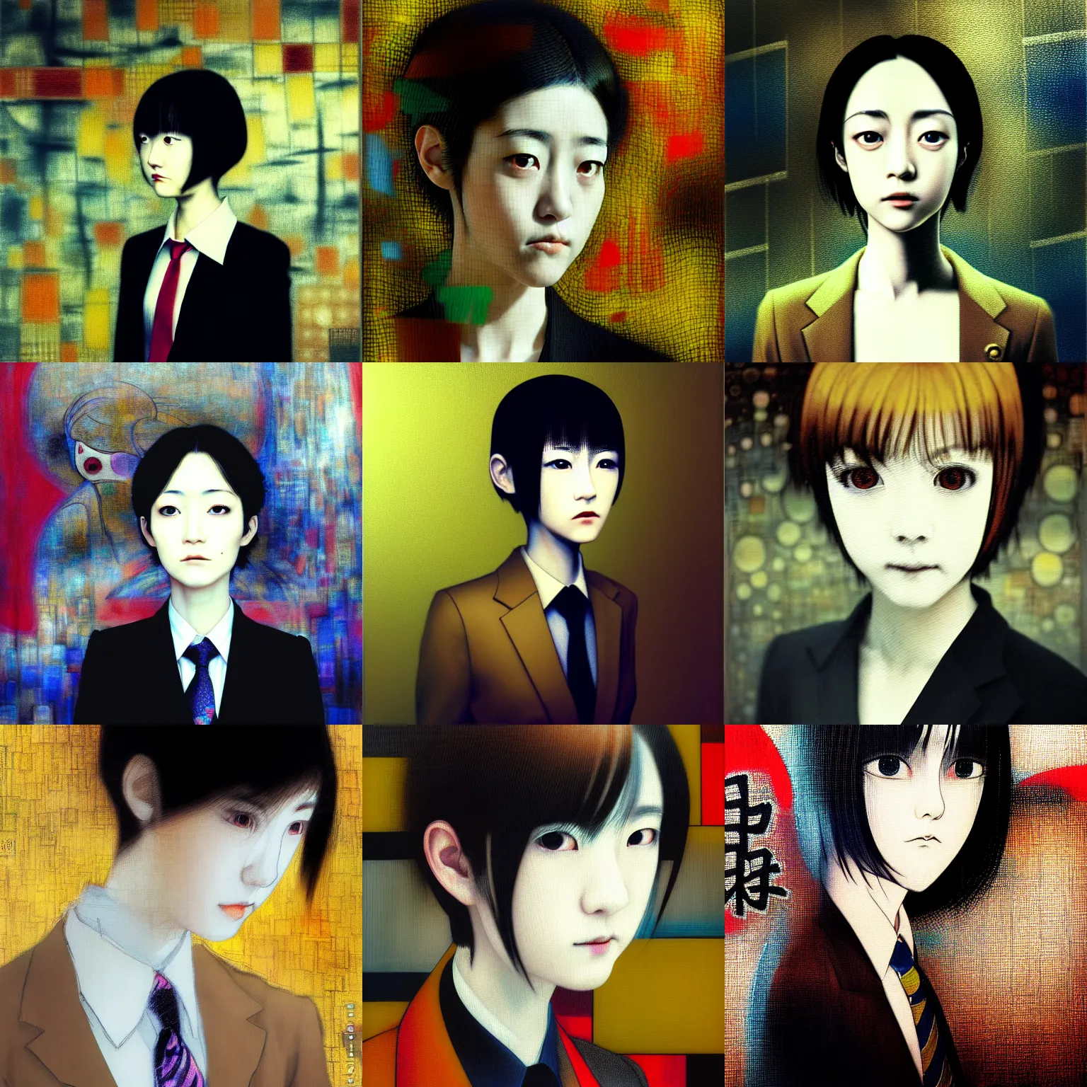 Image similar to yoshitaka amano blurred and dreamy realistic three quarter angle portrait of a young woman with short hair and black eyes wearing office suit with tie, junji ito abstract patterns in the background, satoshi kon anime, noisy film grain effect, highly detailed, renaissance oil painting, weird portrait angle, blurred lost edges