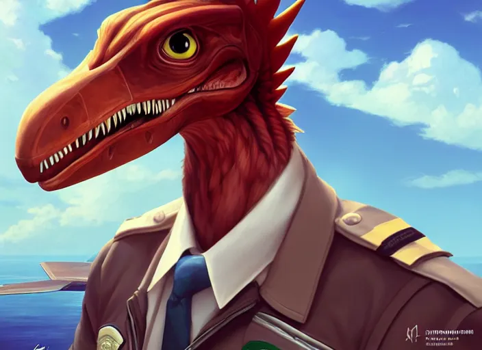 Image similar to character portrait feature of the anthro male anthropomorphic velociraptor fursona wearing airline pilot outfit uniform professional pilot character design stylized by charlie bowater, ross tran, artgerm, and makoto shinkai, detailed, soft lighting, rendered in octane, maldives in background