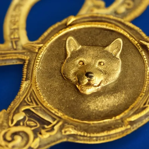 Image similar to an ancient roman gold coin with the face of a shiba inu, close up photo, ultra realistic, studio photo, bokeh. intricate details.