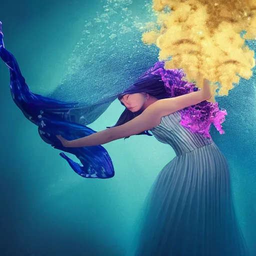 Image similar to beautiful realistic woman dancing underwater wearing a flowing dress made of blue, magenta, and yellow seaweed, delicate coral sea bottom, swirling silver fish, swirling smoke shapes, octane render, caustics lighting from above, cinematic