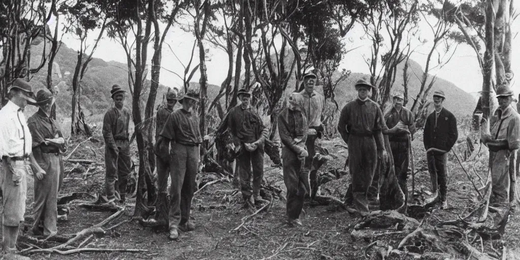 Image similar to louis theroux interviewing kauri loggers at great barrier island, new zealand 1 9 2 0's