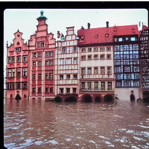 Image similar to Wrocław during 1997 red wine flood, award winning Polaroid color photo