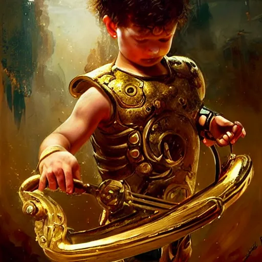 Image similar to stunning portrait of 3yo greek argonaut Orpheus wearing a golden lyre, painting by Raymond Swanland, cyberpunk, sci-fi cybernetic implants hq