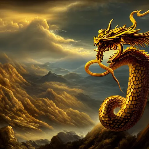 Image similar to a landscape painting of a golden serpent dragon winding through the air in a mountain range, chinese dragon, intimidating clouds, ultrawide angle, depth of field, in a baroque style, 4 k, artstation