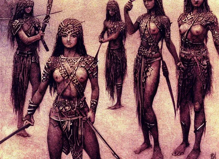 Image similar to young muscular turkic female warriors in tribal painting by Beksinski, Luis Royo, Arthur Rackham