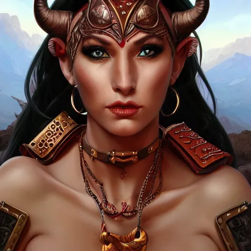 Prompt: portrait of a female berber tiefling with red skin, devil horns and black hair in a ponytail wearing a steel chestplate in a desert, fantasy, highly detailed, digital painting, artstation, concept art, character art, art by artgerm and tyler jacobson and alphonse mucha