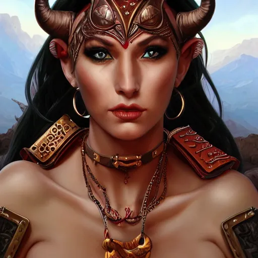 Image similar to portrait of a female berber tiefling with red skin, devil horns and black hair in a ponytail wearing a steel chestplate in a desert, fantasy, highly detailed, digital painting, artstation, concept art, character art, art by artgerm and tyler jacobson and alphonse mucha