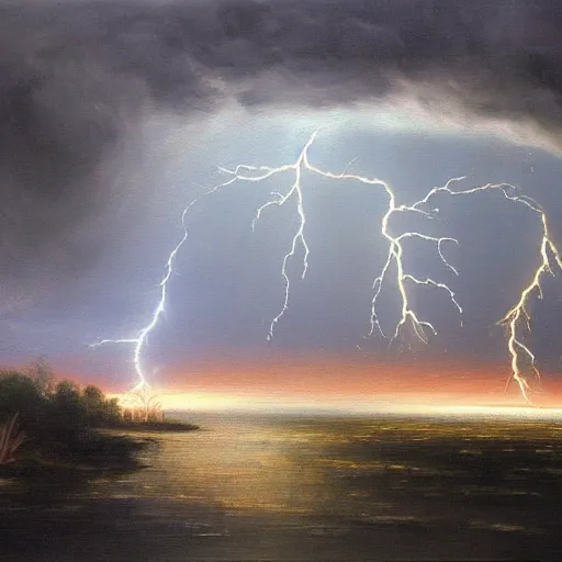 Image similar to thunderstorm with lots of lightning, oil painting