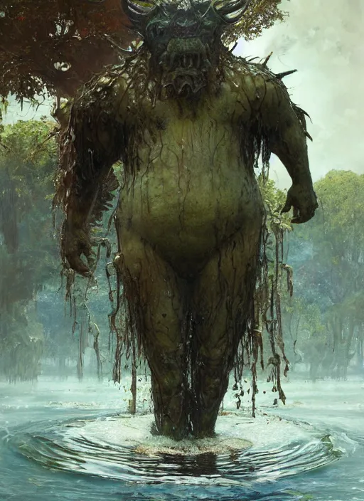 Image similar to huge towering brute swamp demon king emerging from lake on sunny day, splashing, by sergey kolesov and lawrence alma tadema and norman rockwell and greg staples and craig mullins and john berkey and ruan jia, artstation creature art, photoreal