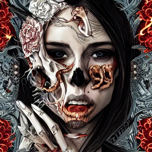 Image similar to anime manga skull portrait young woman, devil, fire, skeleton, intricate, elegant, steve mccurry, highly detailed, digital art, ffffound, art by JC Leyendecker and sachin teng