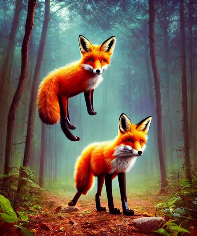 Prompt: a single realistic fox, walking through a psychedelic forest, wide angle landscape shot, pixar style by tristan eaton, artgerm and tom bagshaw