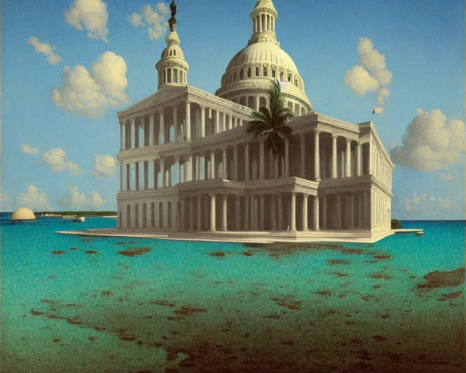 Prompt: an achingly beautiful print of a ruined U.S. Capitol in the Maldives by Raphael, Hopper, and Rene Magritte. detailed, romantic, enchanting, trending on artstation.