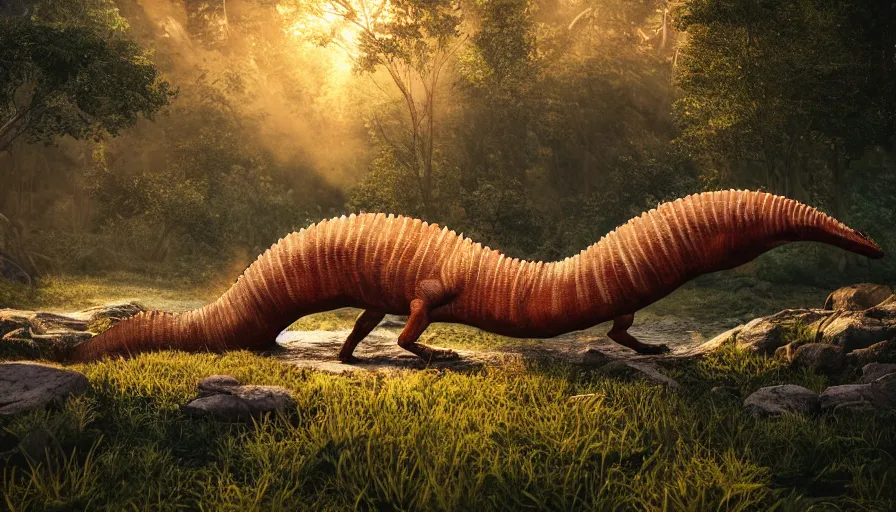 Image similar to hyper realistic highly detailed nature photography of a spinosaurus, prehistoric planet, volumetric lighting, octane render, 4 k resolution, golden hour