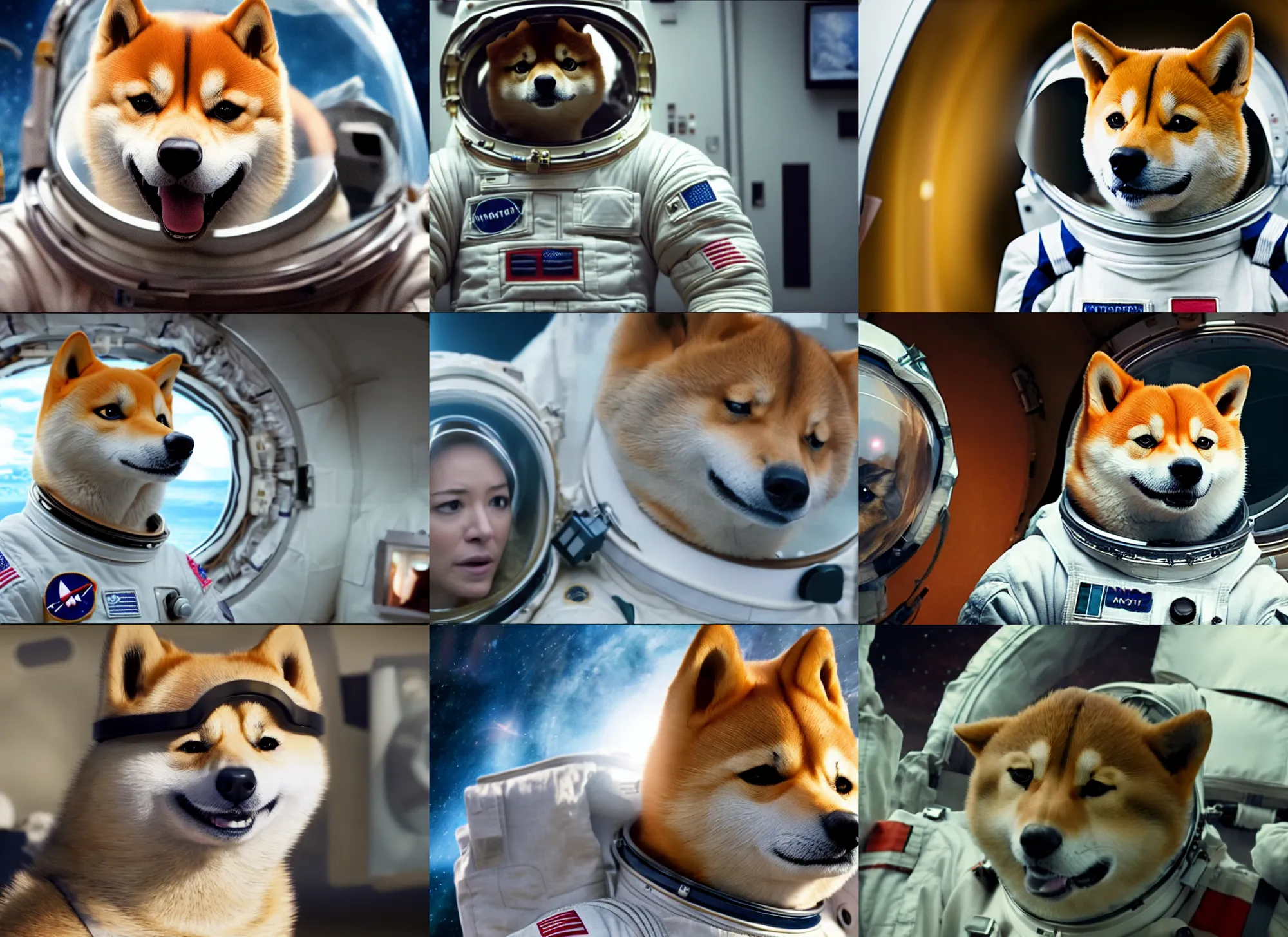 Prompt: film still of anthropomorphic anthropomorphic shiba as astronaut in interstellar, 4 k