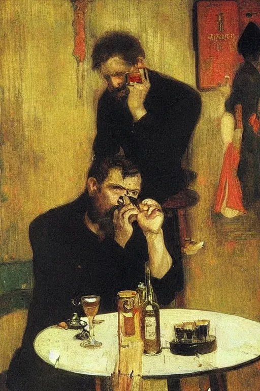 Image similar to lucifer drinking in a modern pub. art by ilya repin.