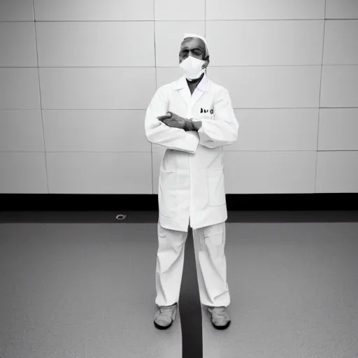 Image similar to a sad surgeon standing in an empty operating theater, award winning photography, law of thirds, black and white