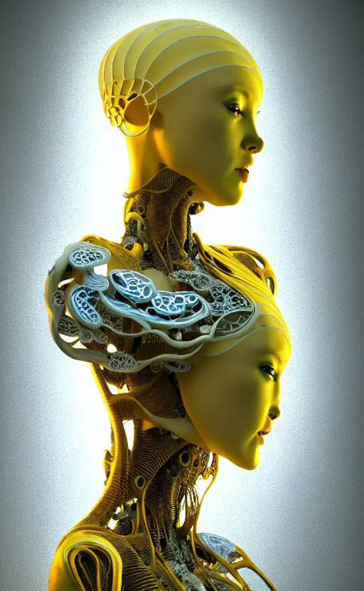 Image similar to intricate hyper detailed ultra sharp 3 d render of a beautiful smooth porcelain seductive cyborg woman portrait, medium shot portrait, bright light, alexandre ferra mecha, yellow deeply cyberpunk art nouveau haute couture huge fractal white mycelum and fungi head ornaments, big embroidered leaves filigree spreaded roots, octane render, volumetric cinematic lighting, 8 k, vray tracing