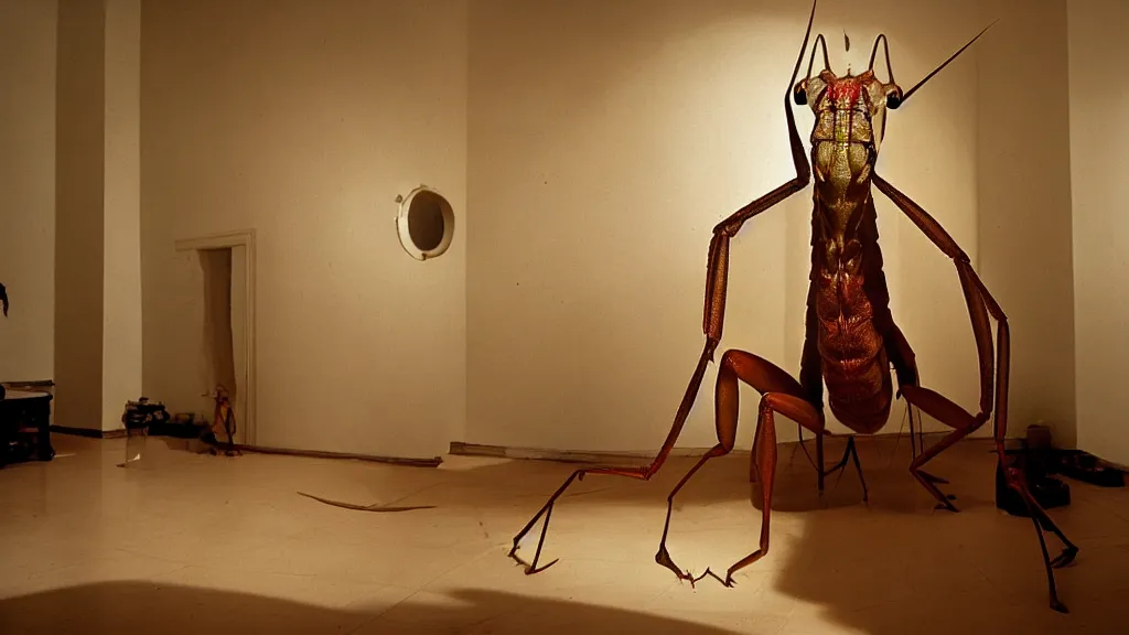 Image similar to the giant praying mantis head in the living room made of wax and water, film still from the movie directed by Wes Anderson with art direction by Salvador Dalí, wide lens