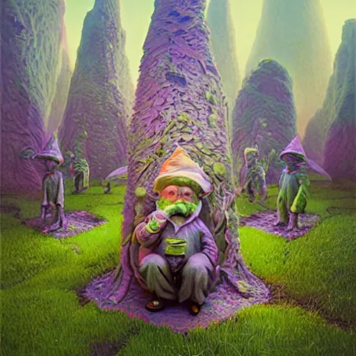 Image similar to hyperdetailed psychedelic horror fantasy portrait of garden gnomes by wayne barlowe and beeple, vivid color, album cover,