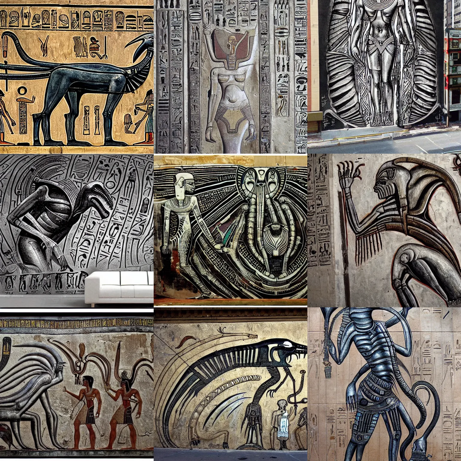 Prompt: ancient egyptian art of [ xenomorph ] [ giger ] alien from ridley scott alien movie, as [ egyptian ] [ mural ]