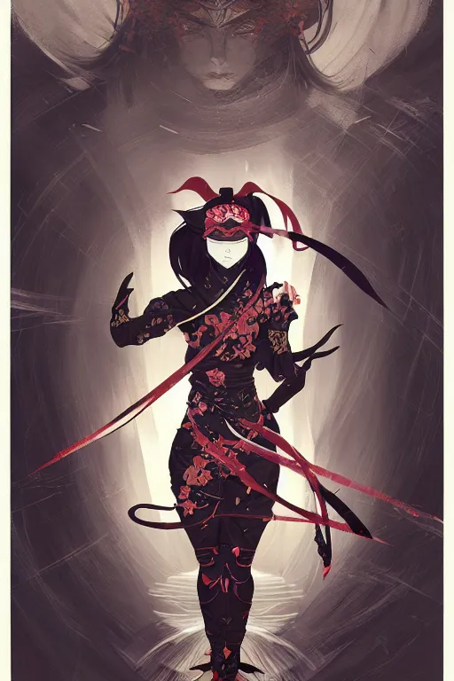 Image similar to beautiful Ninjutsu and evil and gorgerous and mythical female ninja portrait+shiny eyes+light flowing hair, in Ninja Mudra night ruin tokyo temple, ultradetail face, art and illustration by tian zi and craig mullins and WLOP and alphonse mucha, rim lght, fantasy, intricate complexity, human structure, fantasy world concept, watermark, blurry, hyperrealism 8k